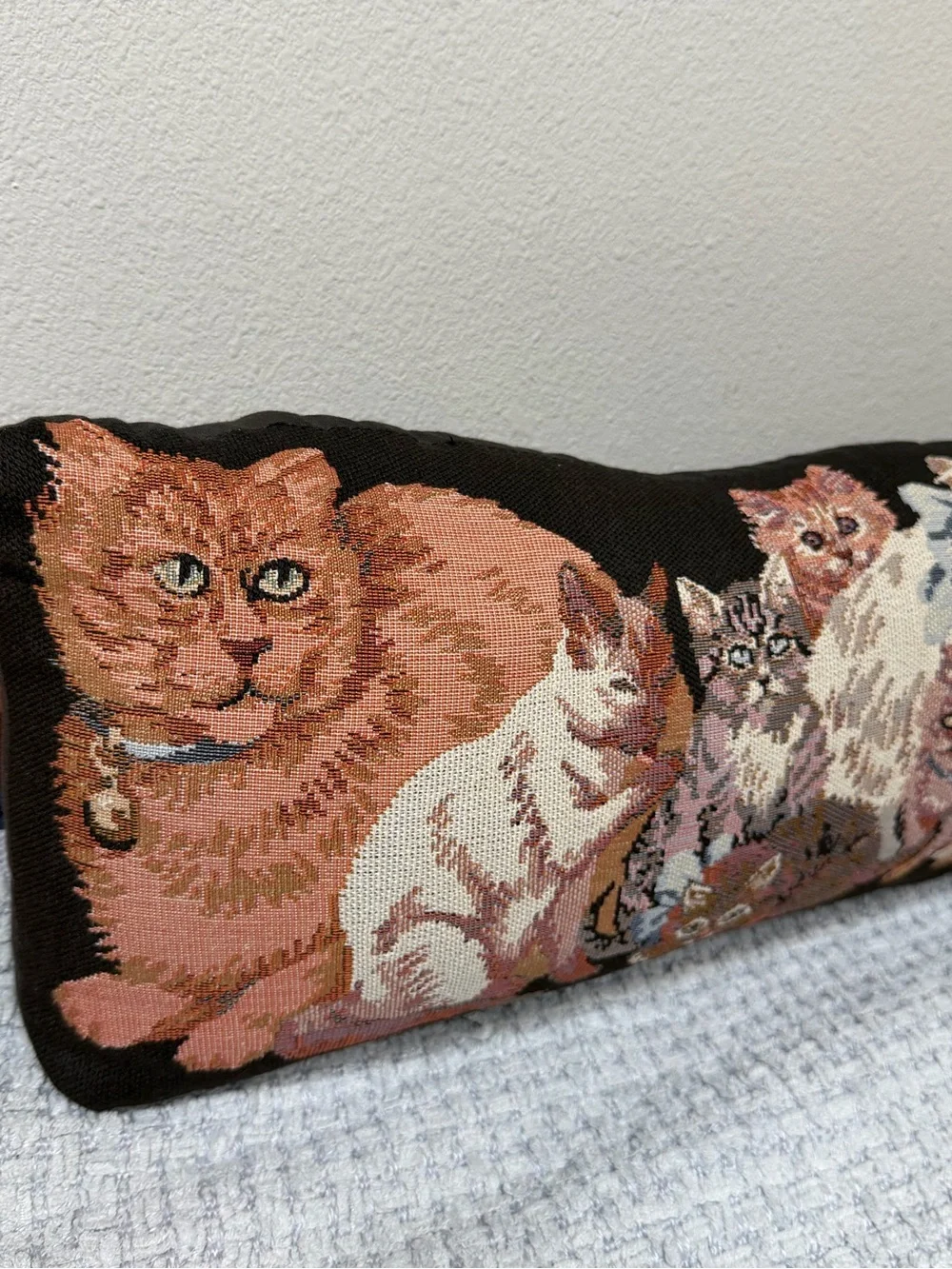 Cottagecore Kitty Cats Embroidered Tapestry Pillow Cat Decor Black Tan Ivory